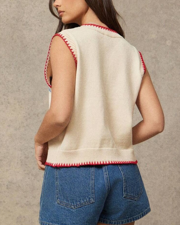 Fish Intarsia Whipstitch Sleeveless Knit Top - Off-White - 2