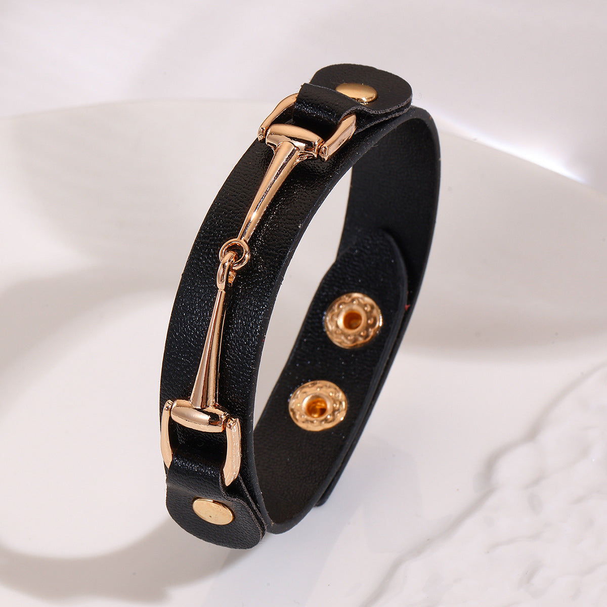 Faux Leather Snap Cuff Bracelet With Equestrian Bit - Black