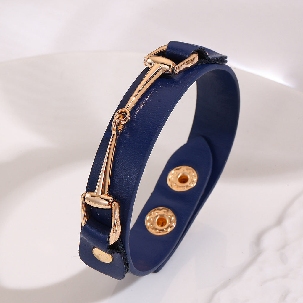 Faux Leather Snap Cuff Bracelet With Equestrian Bit - Blue