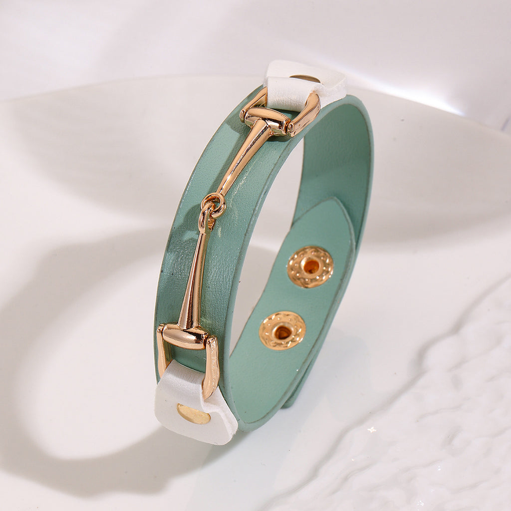 Faux Leather Snap Cuff Bracelet With Equestrian Bit - Green