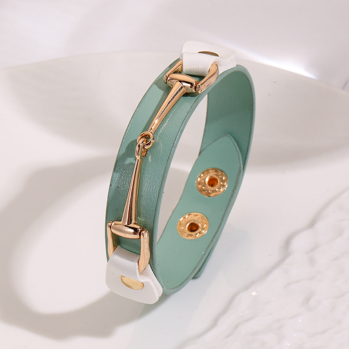 Faux Leather Snap Cuff Bracelet With Equestrian Bit - Green