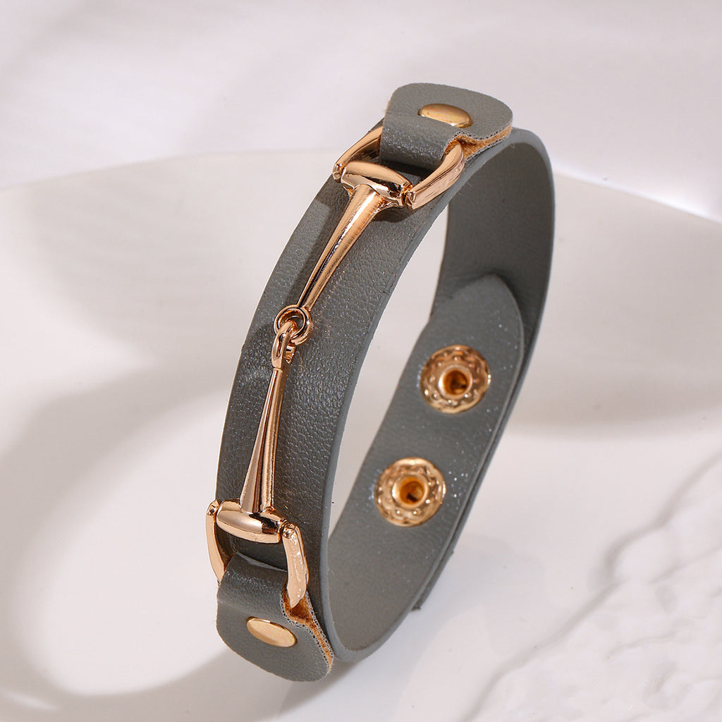Faux Leather Snap Cuff Bracelet With Equestrian Bit - Grey