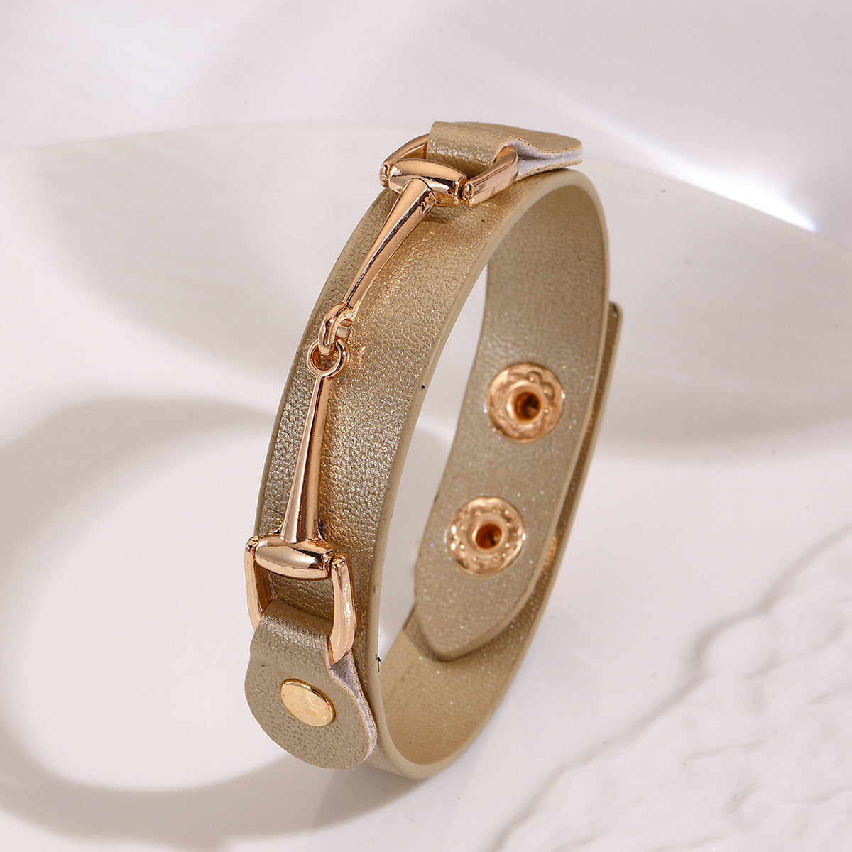 Faux Leather Snap Cuff Bracelet With Equestrian Bit - Khaki