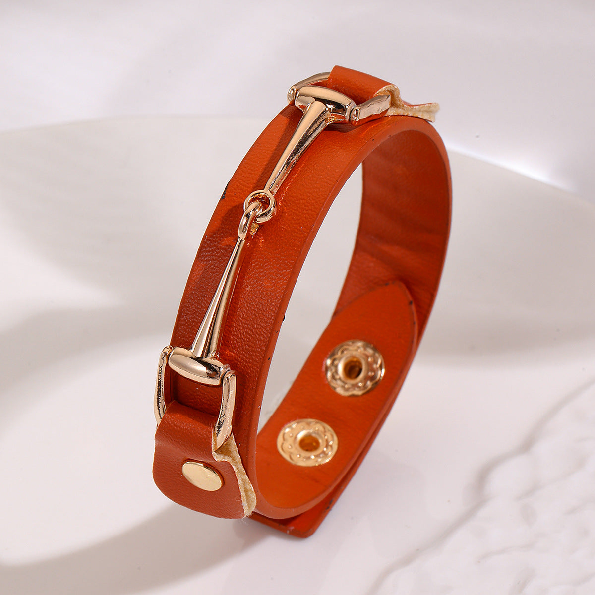 Faux Leather Snap Cuff Bracelet With Equestrian Bit - Orange