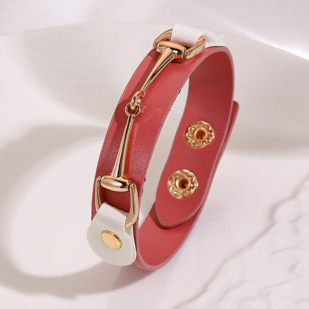 Faux Leather Snap Cuff Bracelet With Equestrian Bit - Pink