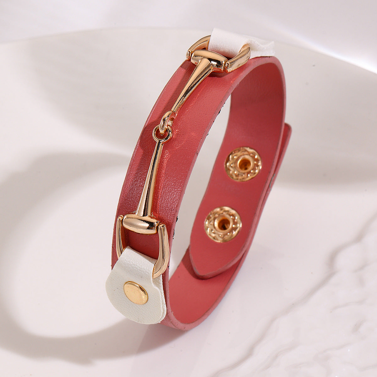 Faux Leather Snap Cuff Bracelet With Equestrian Bit - Pink