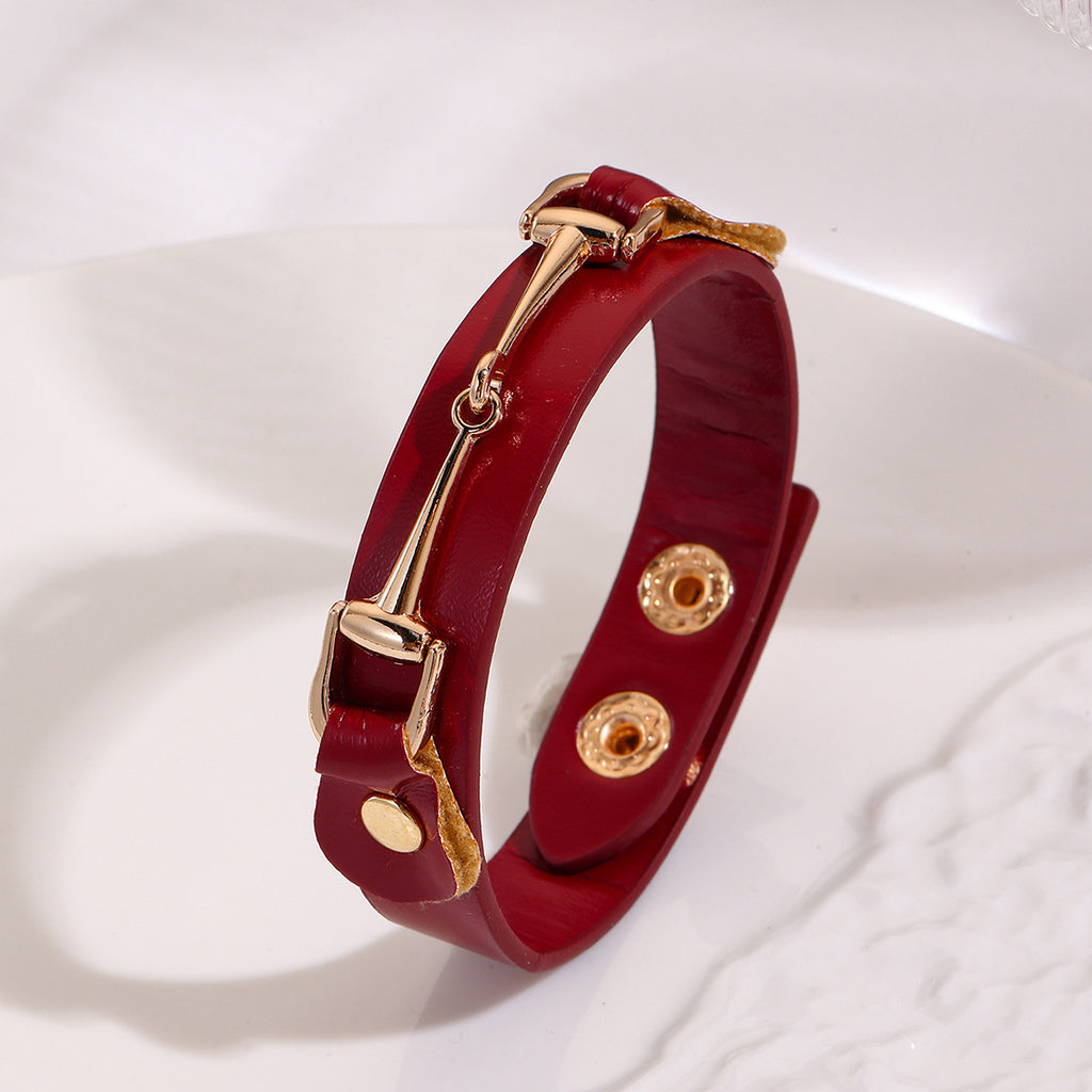 Faux Leather Snap Cuff Bracelet With Equestrian Bit - Red