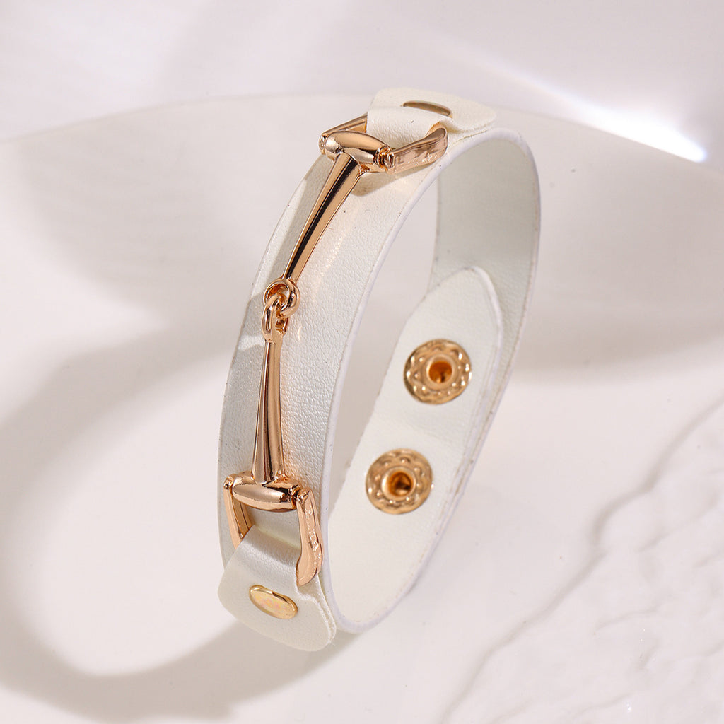 Faux Leather Snap Cuff Bracelet With Equestrian Bit - White