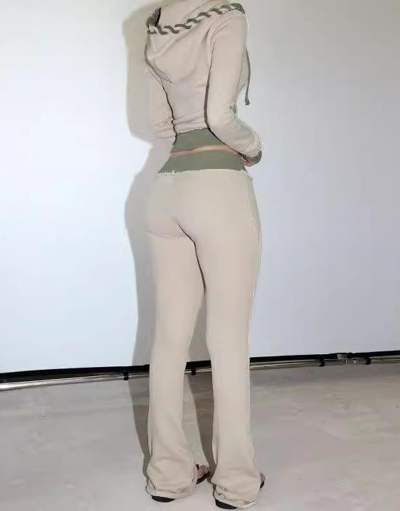 Y2K Lace-Up Hood Zip Crop Top Flare Pants Set - Grey - 3
