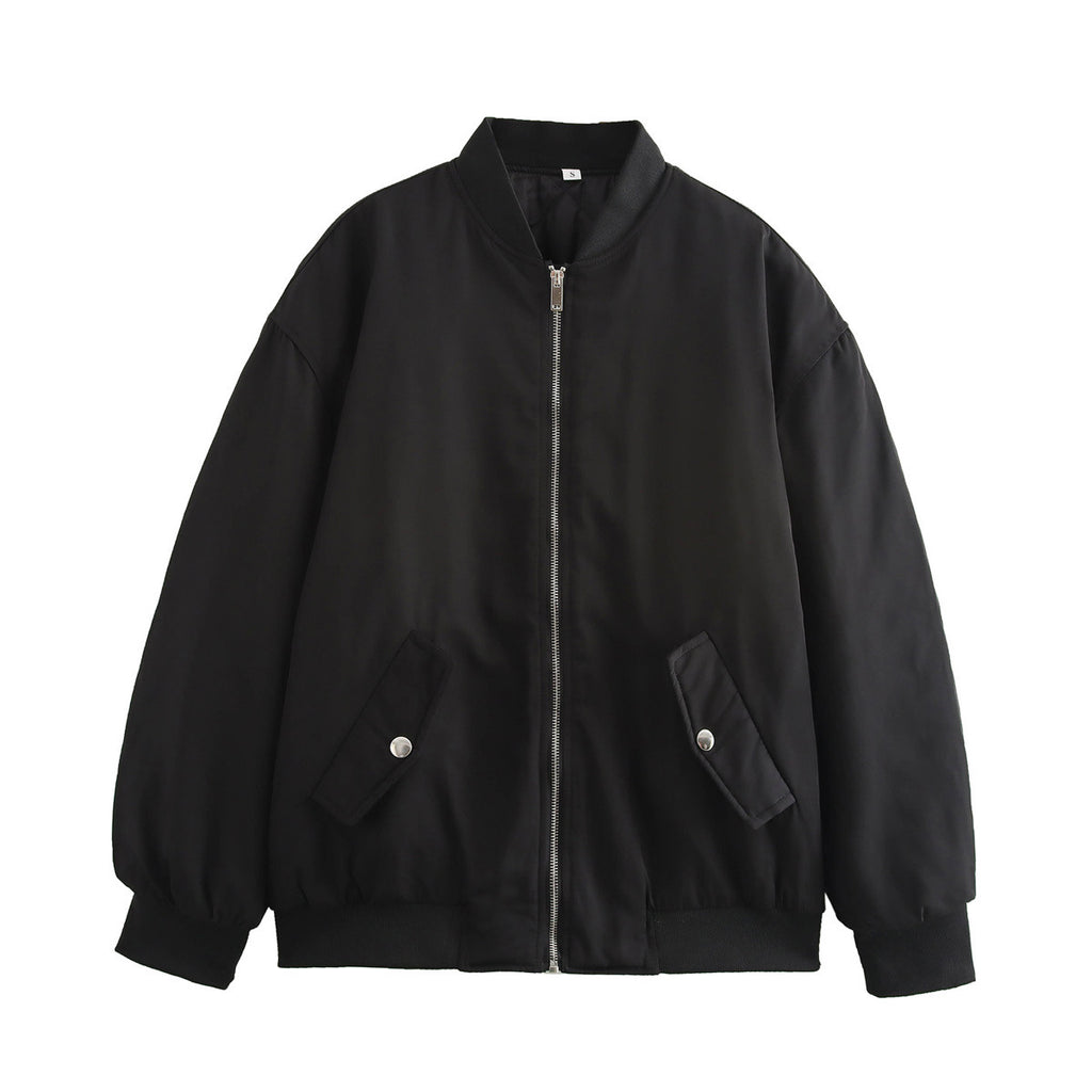 Oversized Zip Up Padded Bomber Jacket - Black