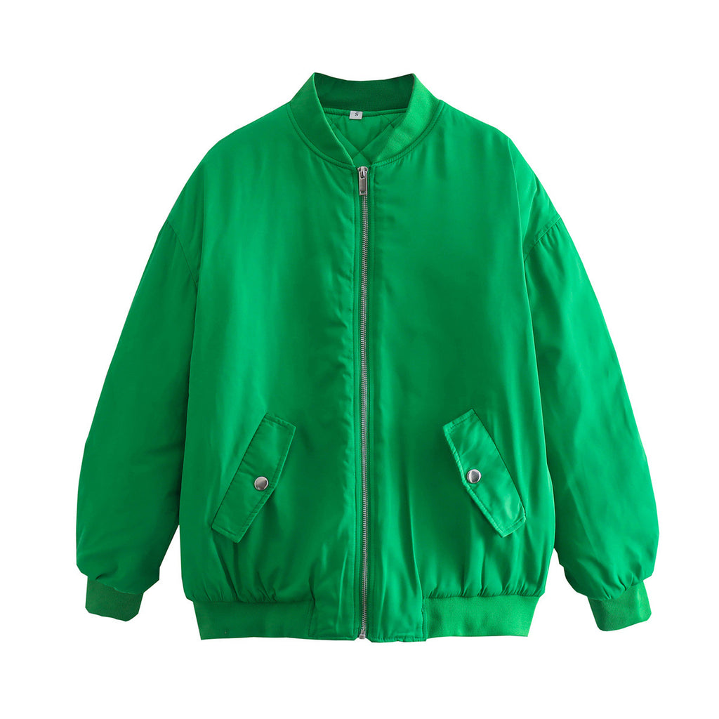 Oversized Zip Up Padded Bomber Jacket - Green - 1
