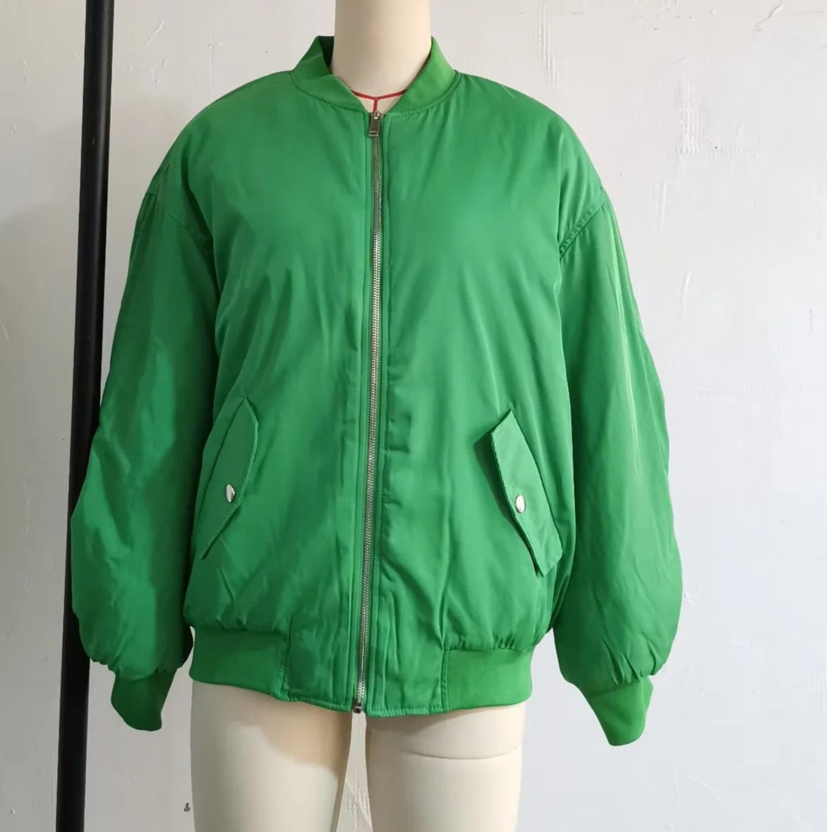 Oversized Zip Up Padded Bomber Jacket - Green - 2