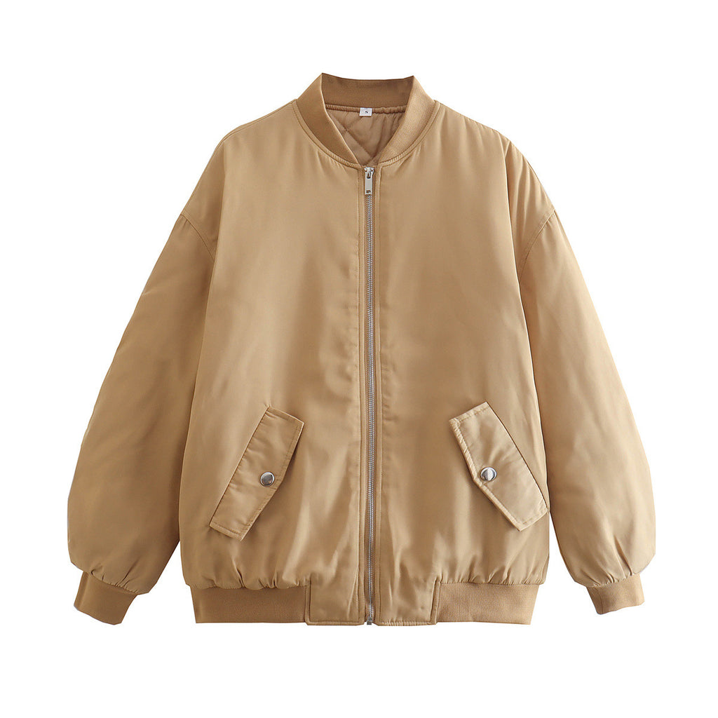 Oversized Zip Up Padded Bomber Jacket - Khaki