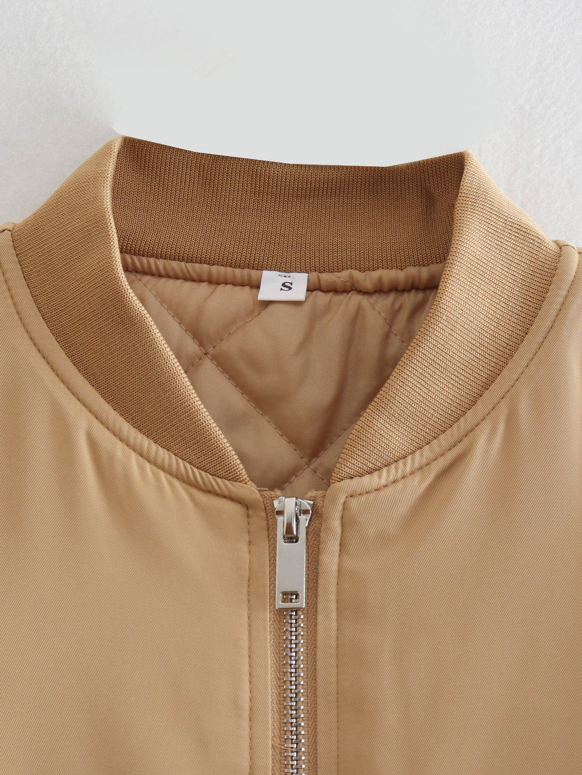 Oversized Zip Up Padded Bomber Jacket - Khaki - 1