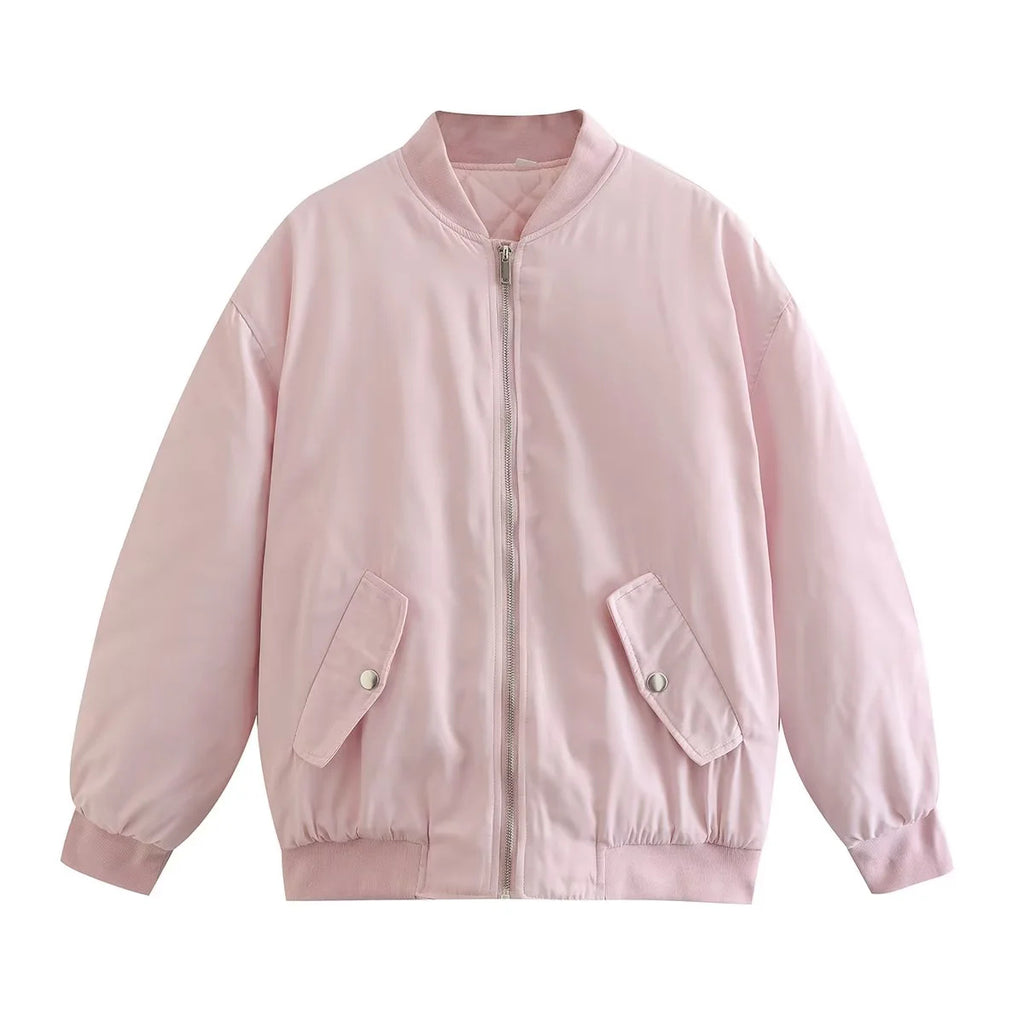 Oversized Zip Up Padded Bomber Jacket - Pink