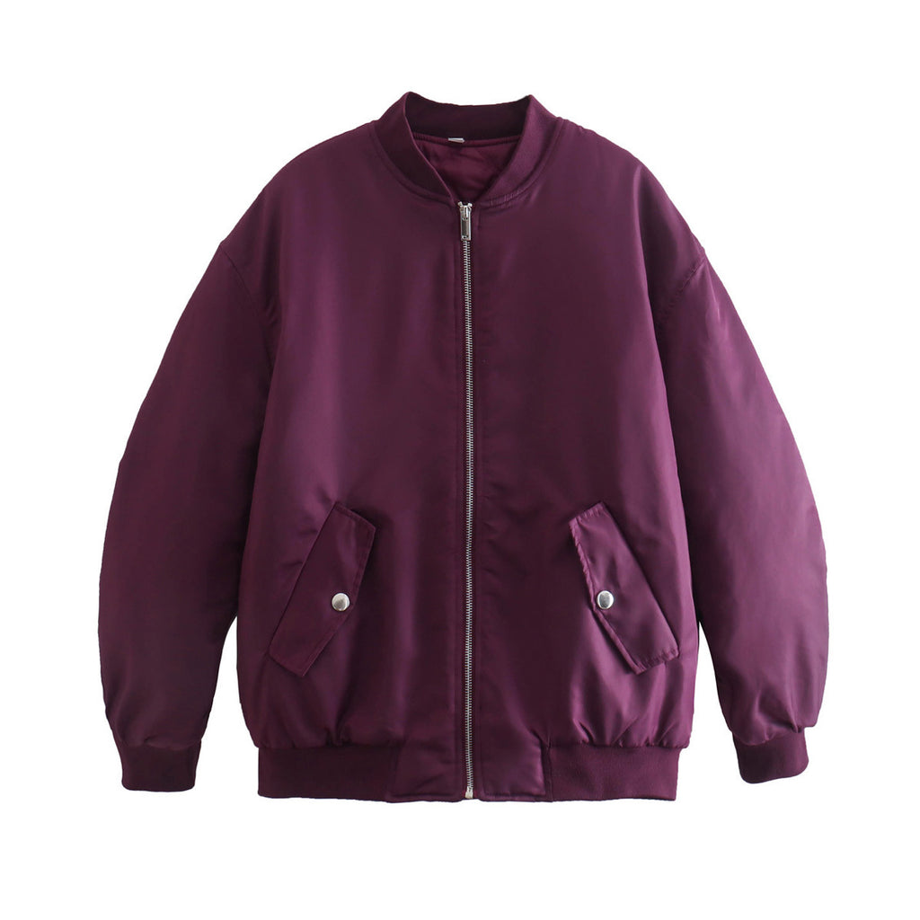 Oversized Zip Up Padded Bomber Jacket - Purple