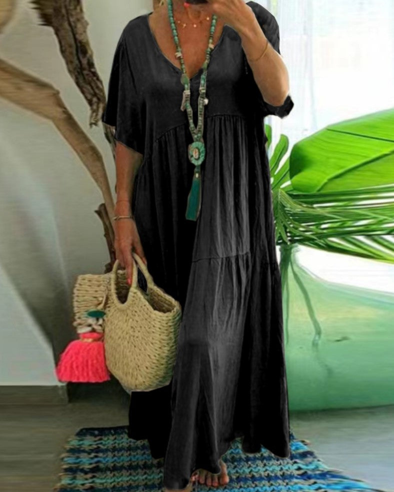 Tiered Short Sleeve Flowy Maxi Sundress - Black