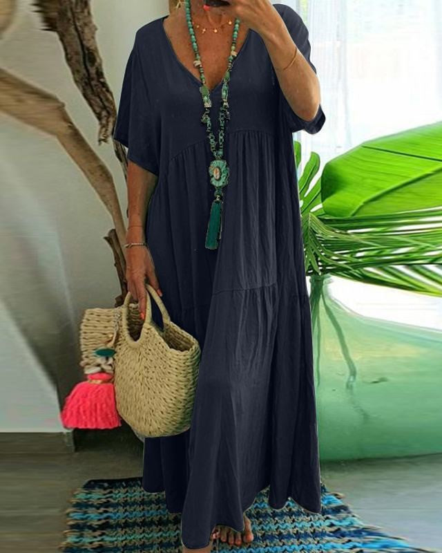 Tiered Short Sleeve Flowy Maxi Sundress - DarkBlue