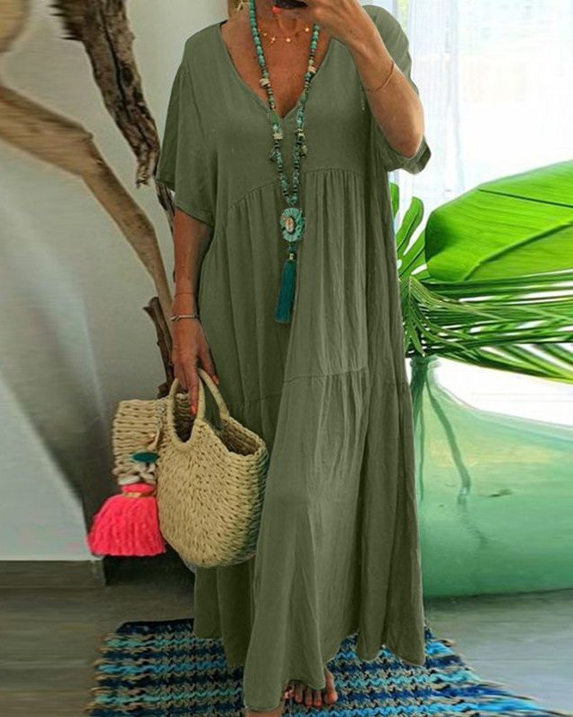 Tiered Short Sleeve Flowy Maxi Sundress - Green
