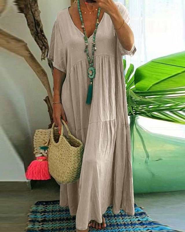 Tiered Short Sleeve Flowy Maxi Sundress - Khaki