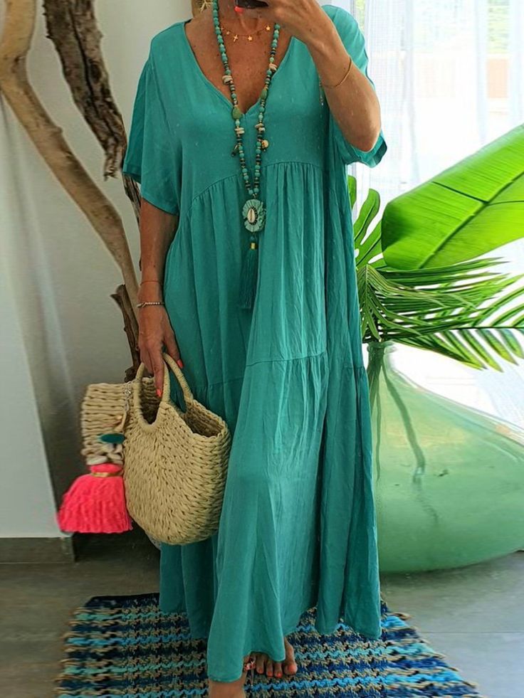 Tiered Short Sleeve Flowy Maxi Sundress - LakeBlue