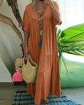 Tiered Short Sleeve Flowy Maxi Sundress - Orange