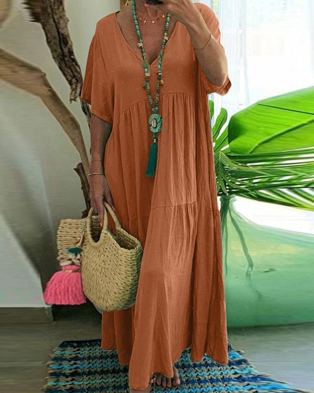 Tiered Short Sleeve Flowy Maxi Sundress - Orange