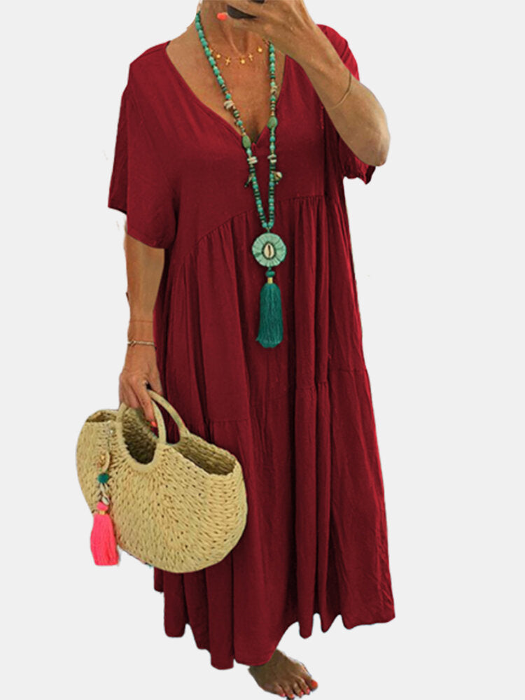 Tiered Short Sleeve Flowy Maxi Sundress - WineRed