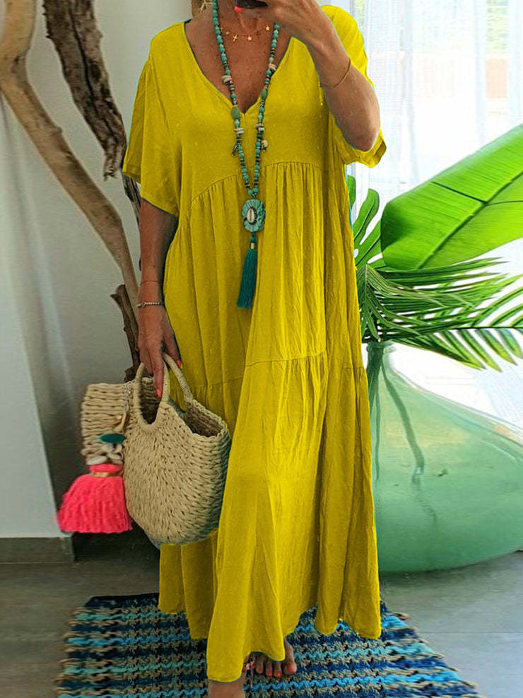 Tiered Short Sleeve Flowy Maxi Sundress - Yellow