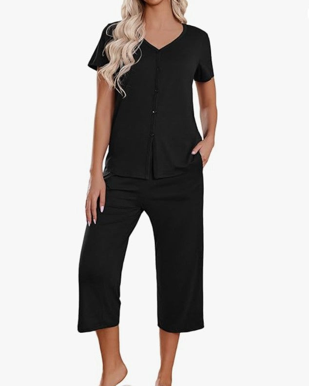 Button Front Capri Pajama Set - Black