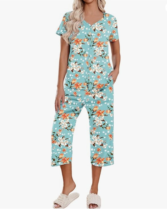 Button Front Capri Pajama Set - Color_1