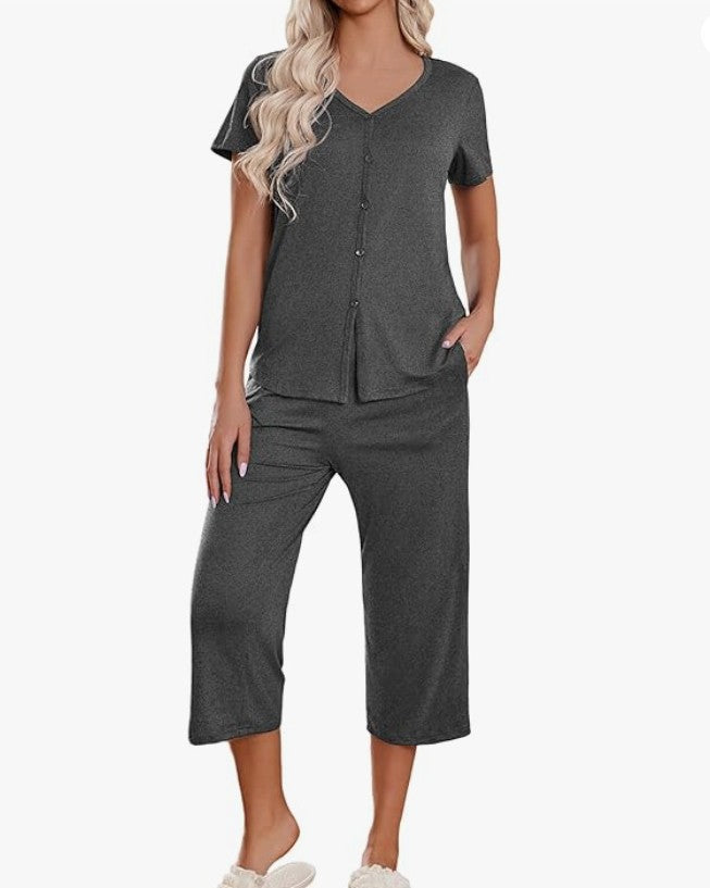 Button Front Capri Pajama Set - Dark-Gray
