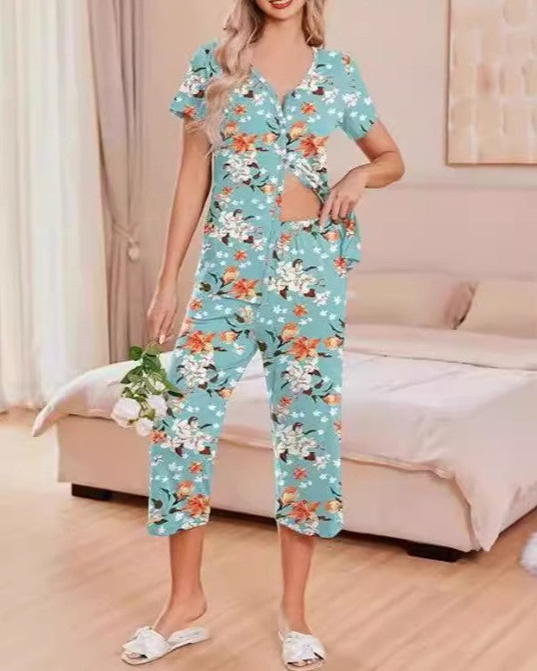 Button Front Capri Pajama Set - Navy-Blue
