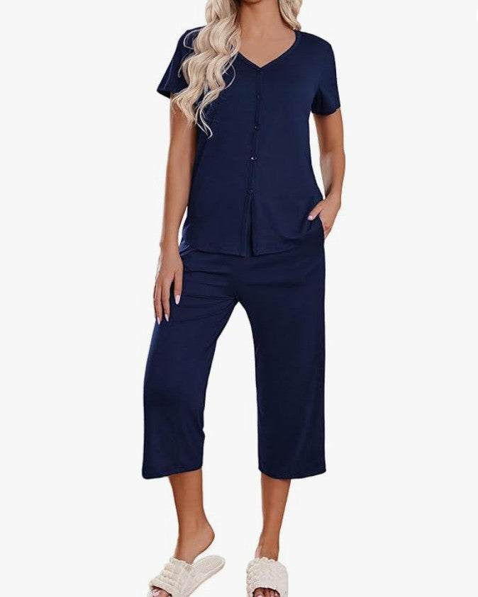 Button Front Capri Pajama Set - Navy-Blue - 1