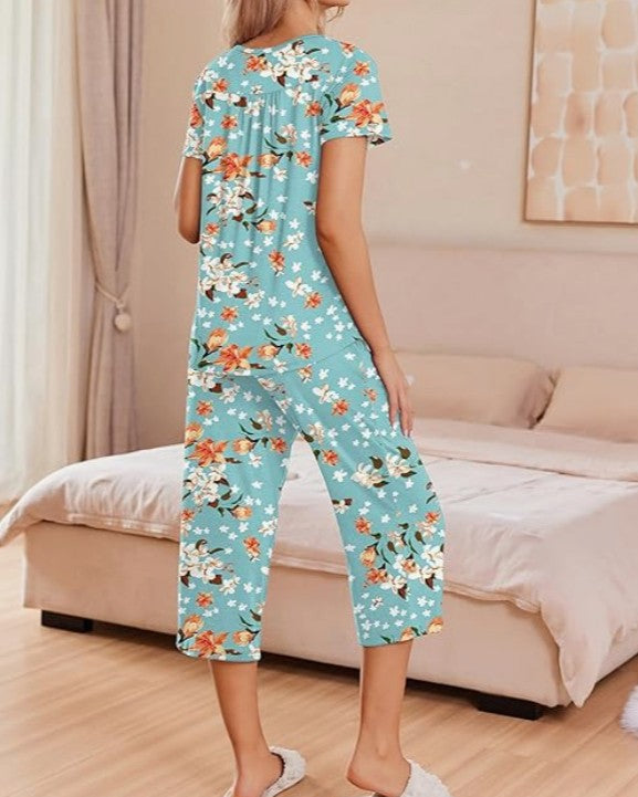 Button Front Capri Pajama Set - Navy-Blue - 2