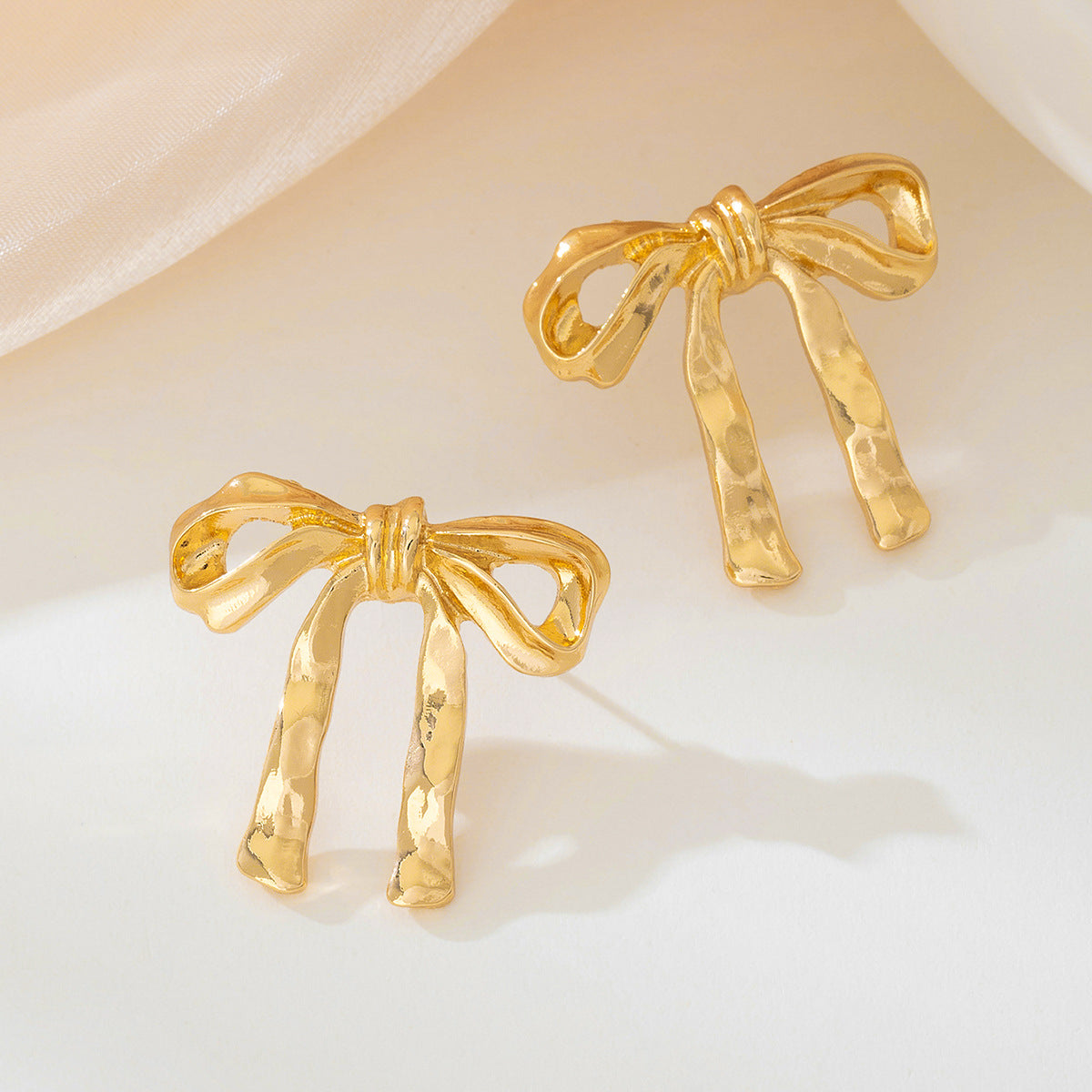 Hammered Ribbon Bow Stud Earrings - Gold - 2