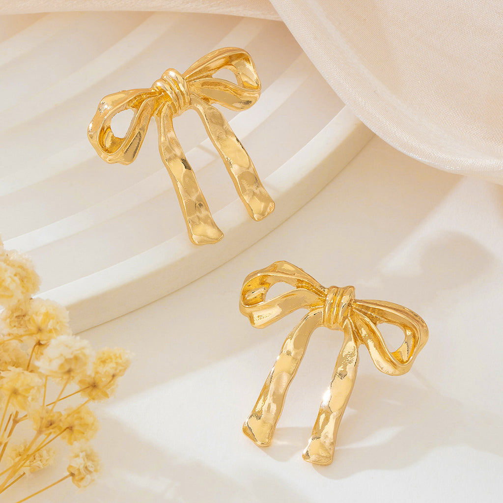 Hammered Ribbon Bow Stud Earrings - Gold - 3