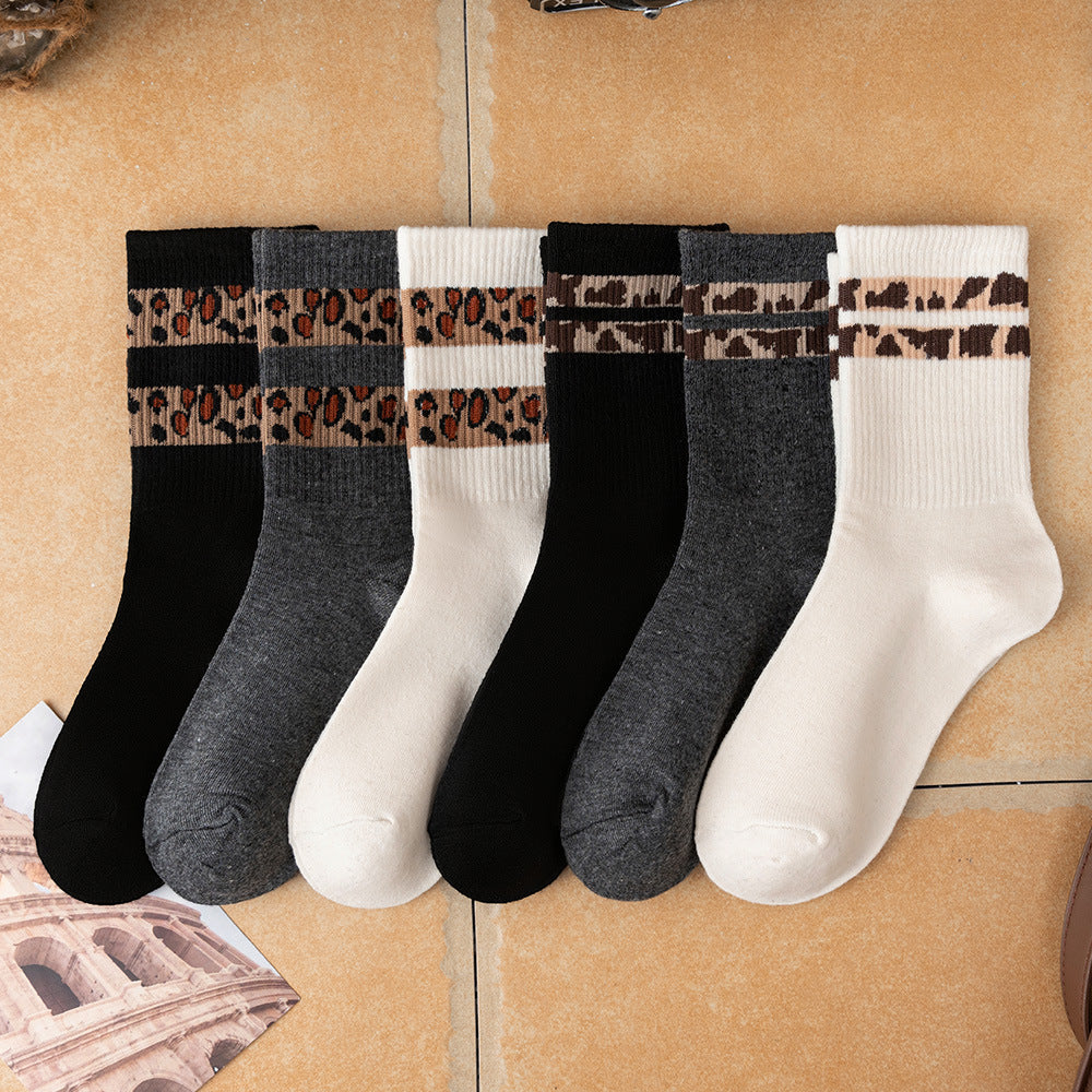 Leopard Stripe Ribbed Crew Socks - Beige_W - 3