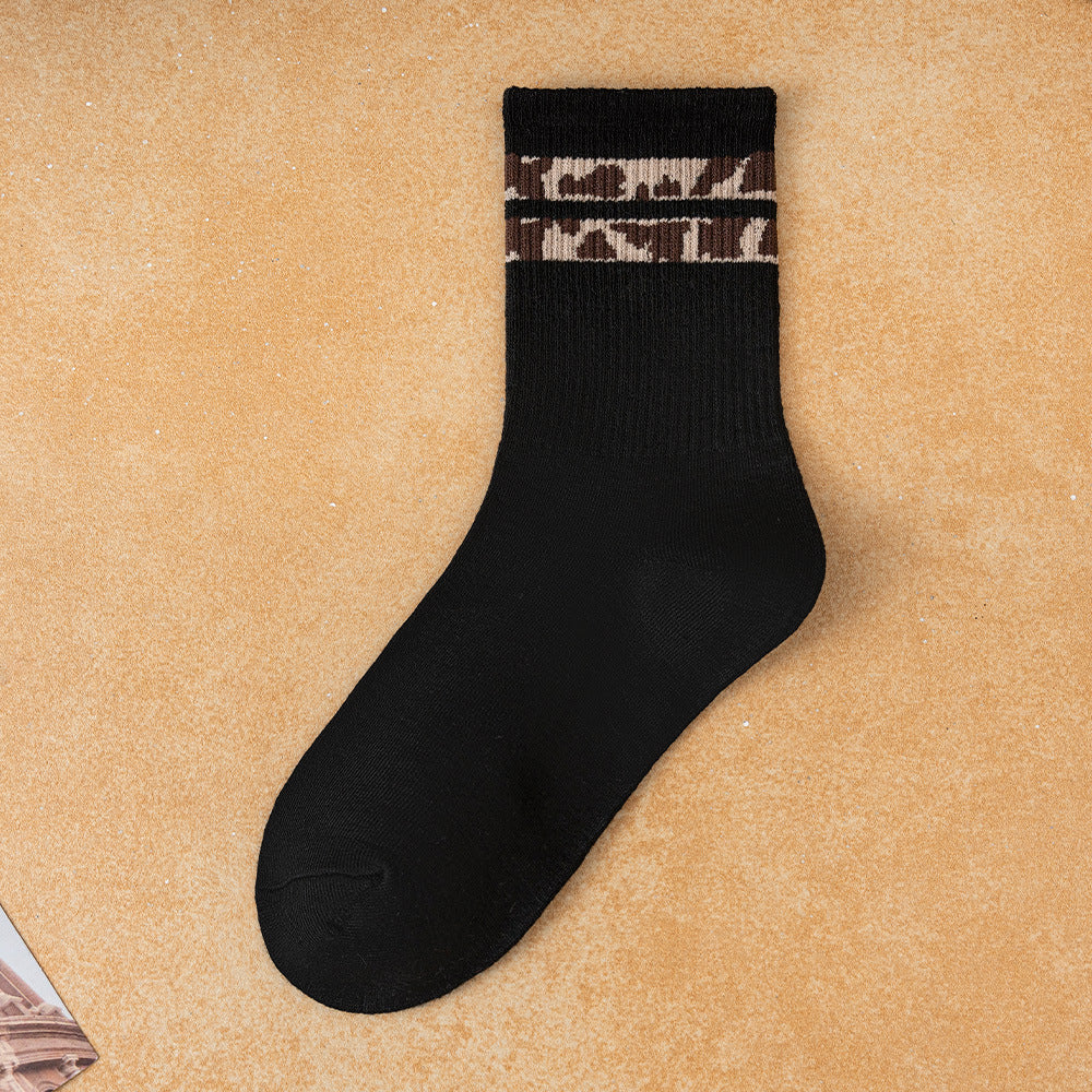 Leopard Stripe Ribbed Crew Socks - Black_T