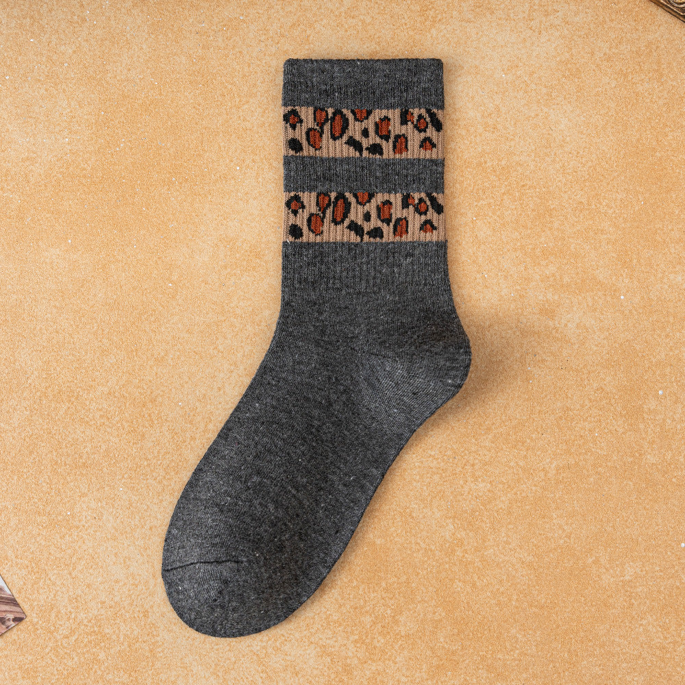 Leopard Stripe Ribbed Crew Socks - DkGrey_W