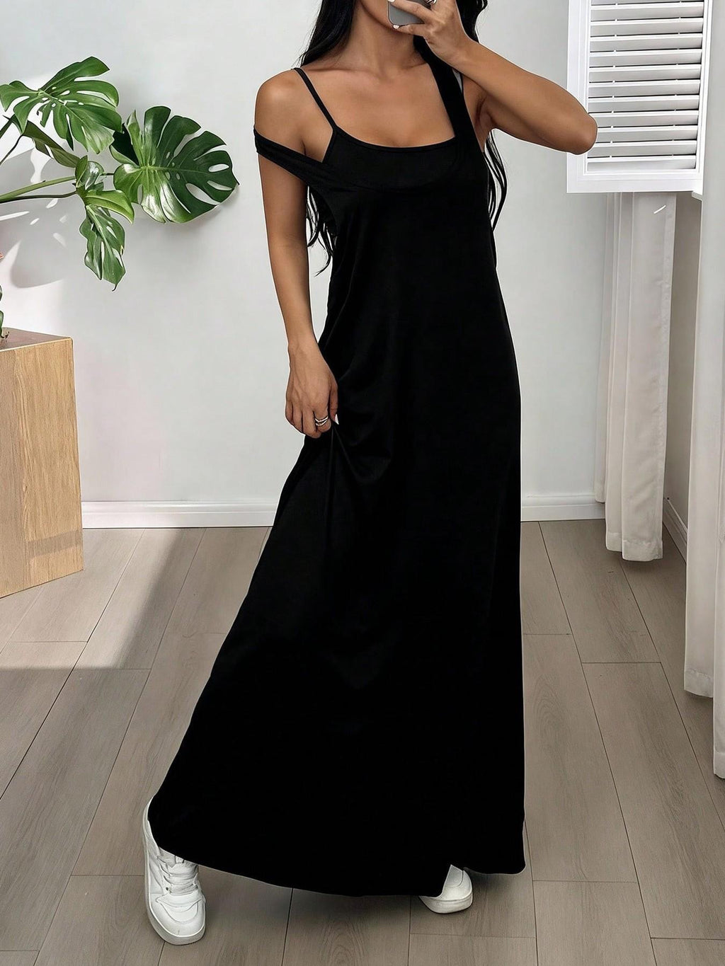 Strappy Cutout Maxi Tank Dress with Open Back - Black