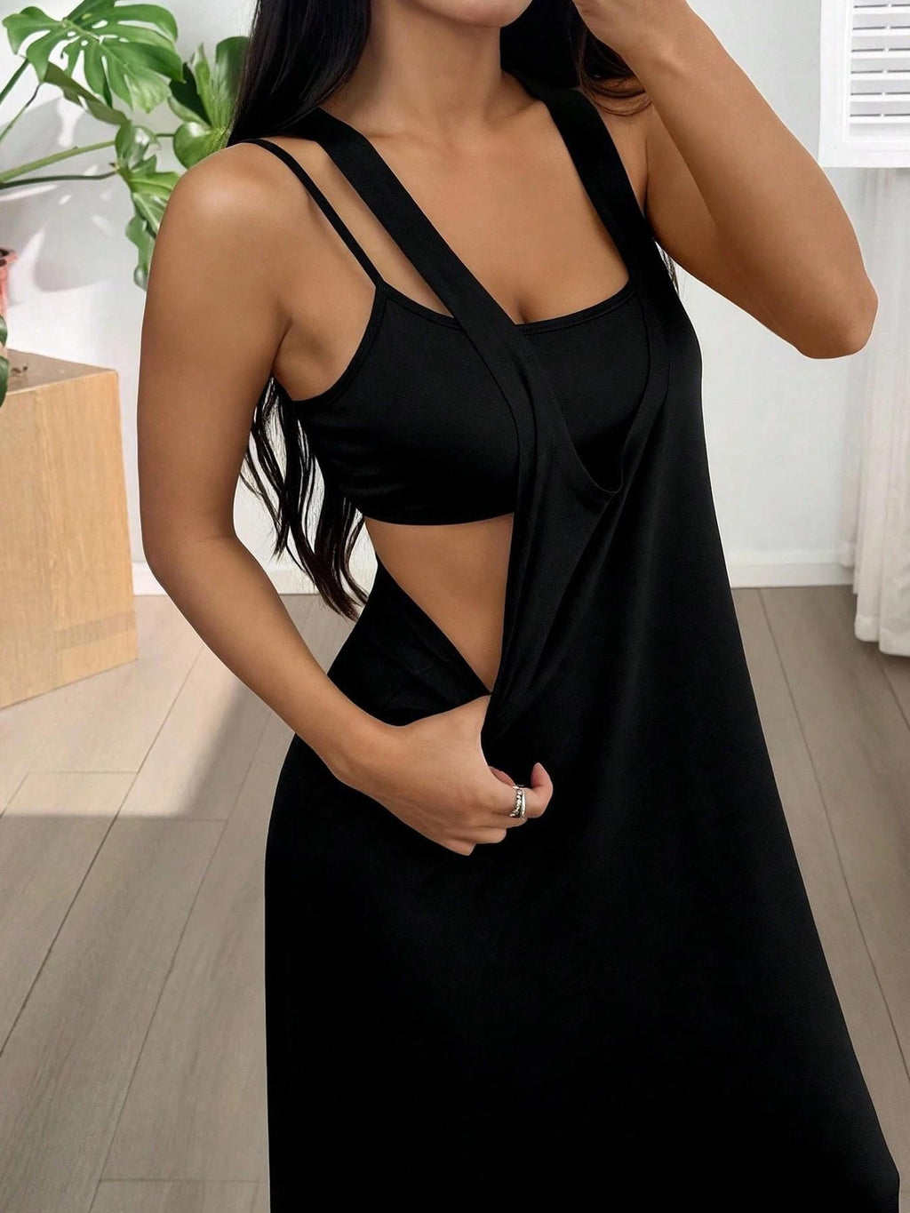 Strappy Cutout Maxi Tank Dress with Open Back - Black - 2