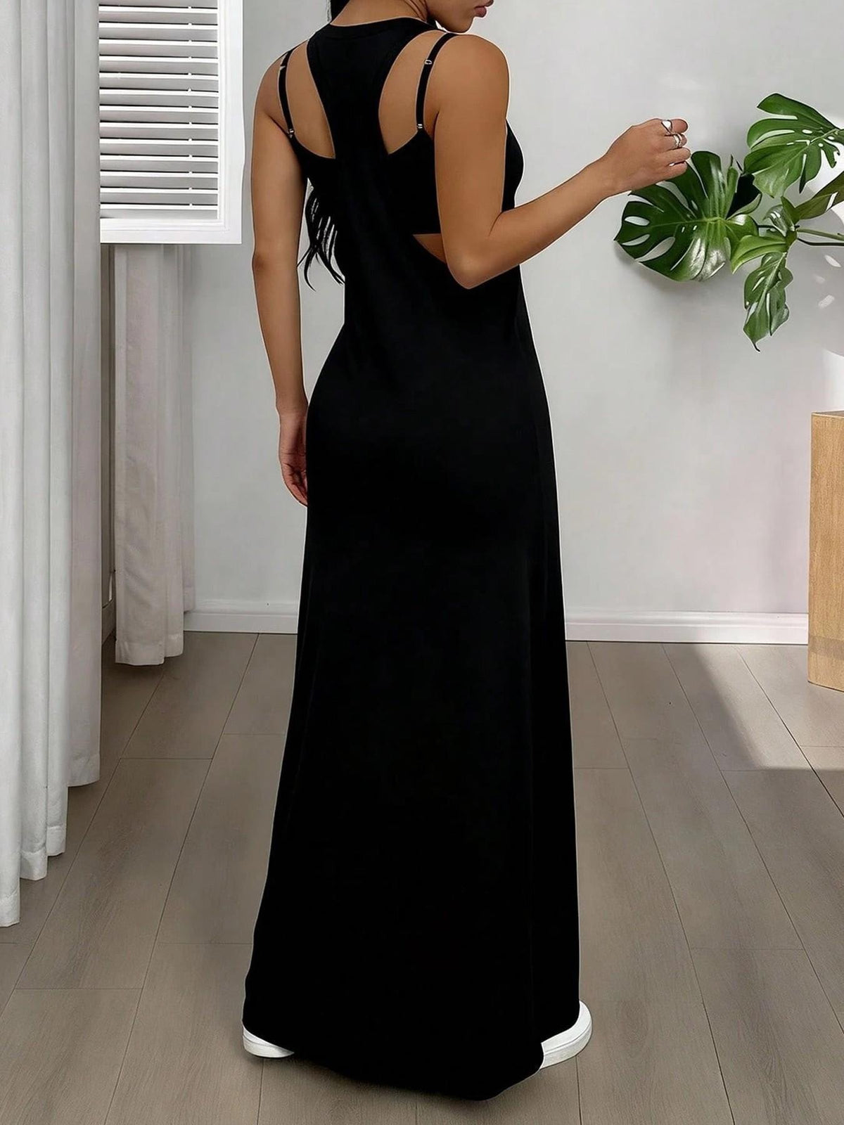 Strappy Cutout Maxi Tank Dress with Open Back - Black - 3