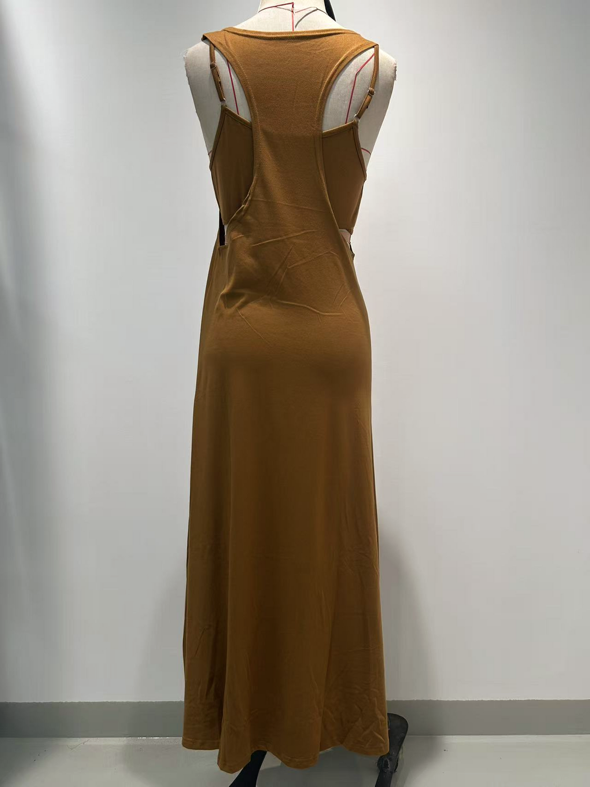 Strappy Cutout Maxi Tank Dress with Open Back - Brown - 3