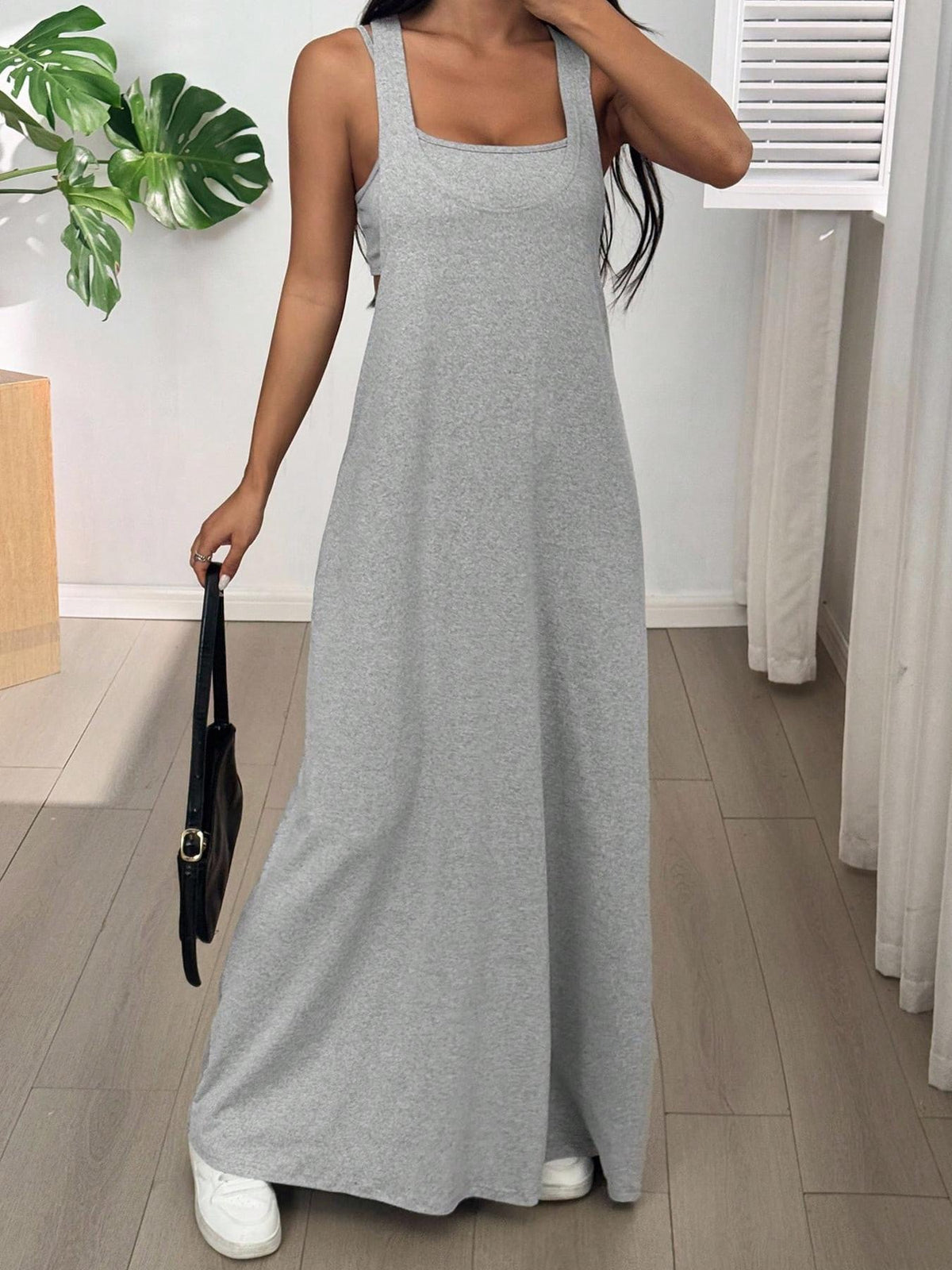 Strappy Cutout Maxi Tank Dress with Open Back - Grey