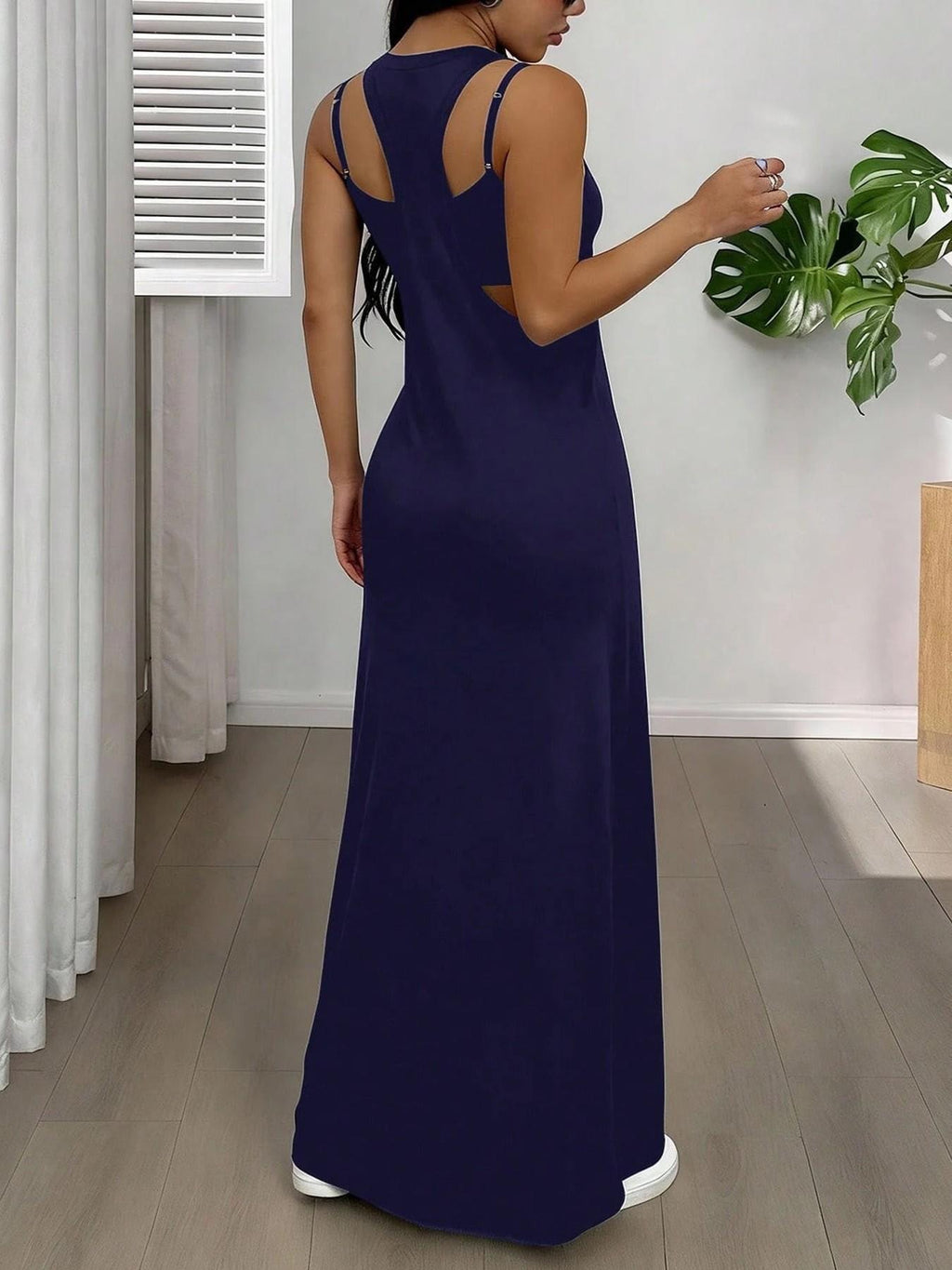Strappy Cutout Maxi Tank Dress with Open Back - Navy Blue - 2