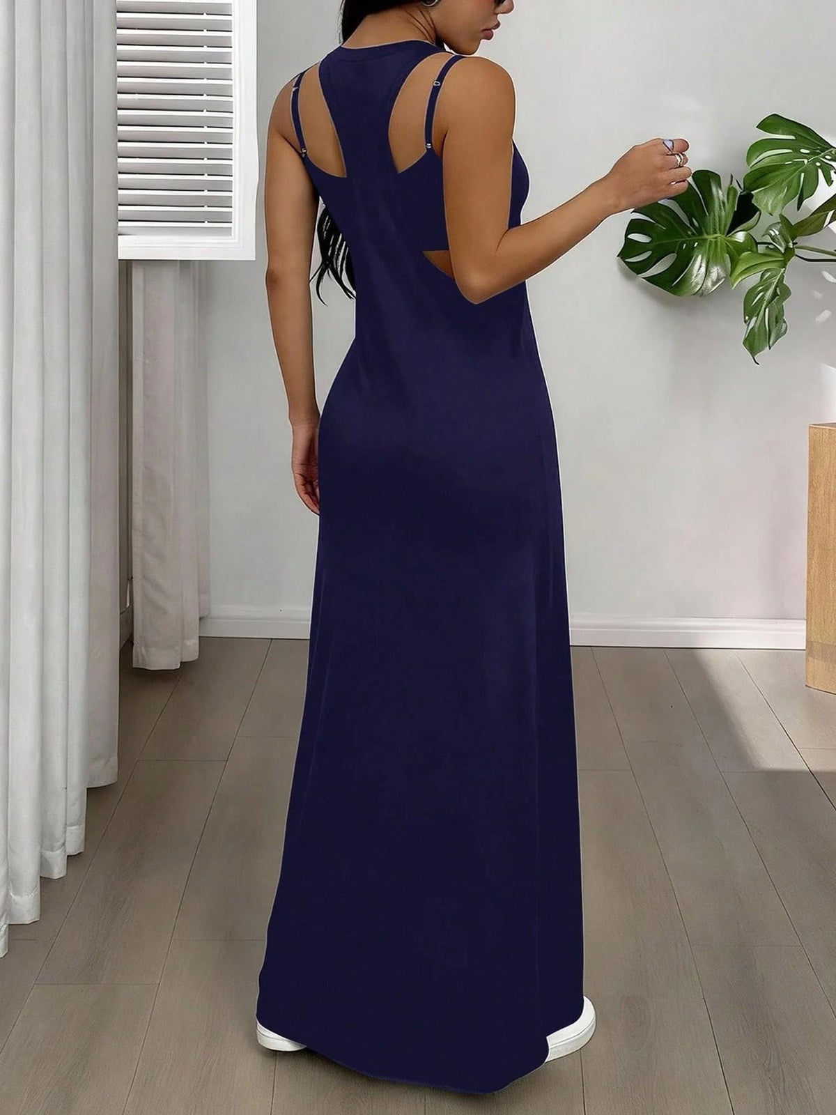 Strappy Cutout Maxi Tank Dress with Open Back - Navy Blue - 2