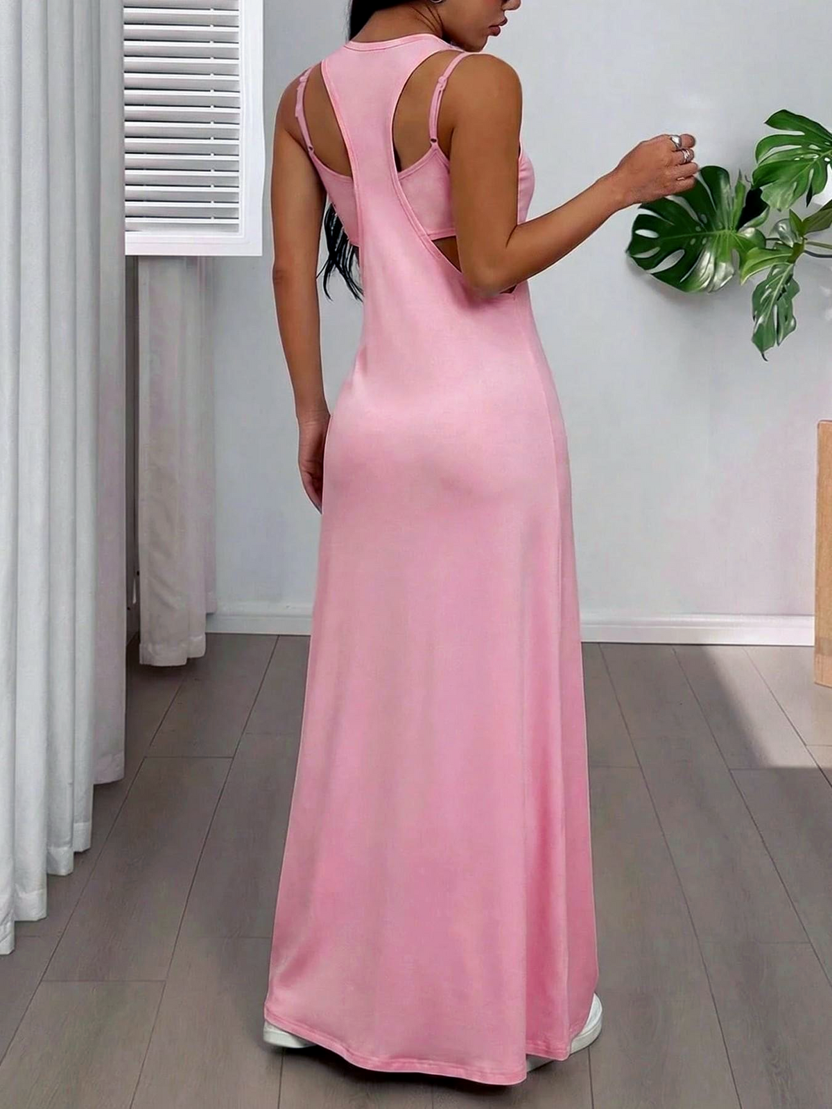 Strappy Cutout Maxi Tank Dress with Open Back - Pink - 4