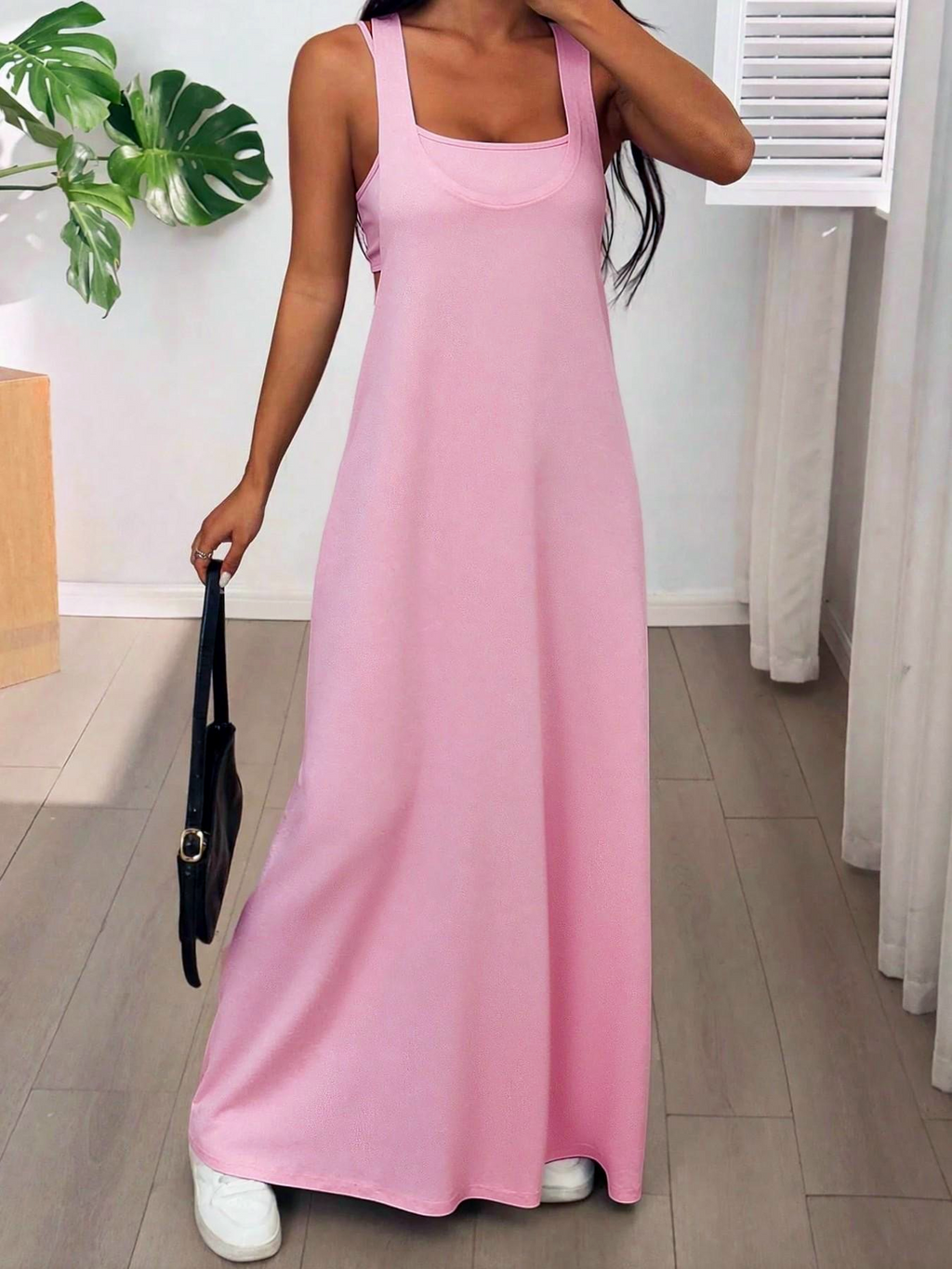 Strappy Cutout Maxi Tank Dress with Open Back - Pink - 5