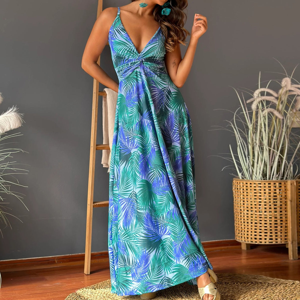 Tropical Print Twist Front Maxi Sundress - Blue - 1